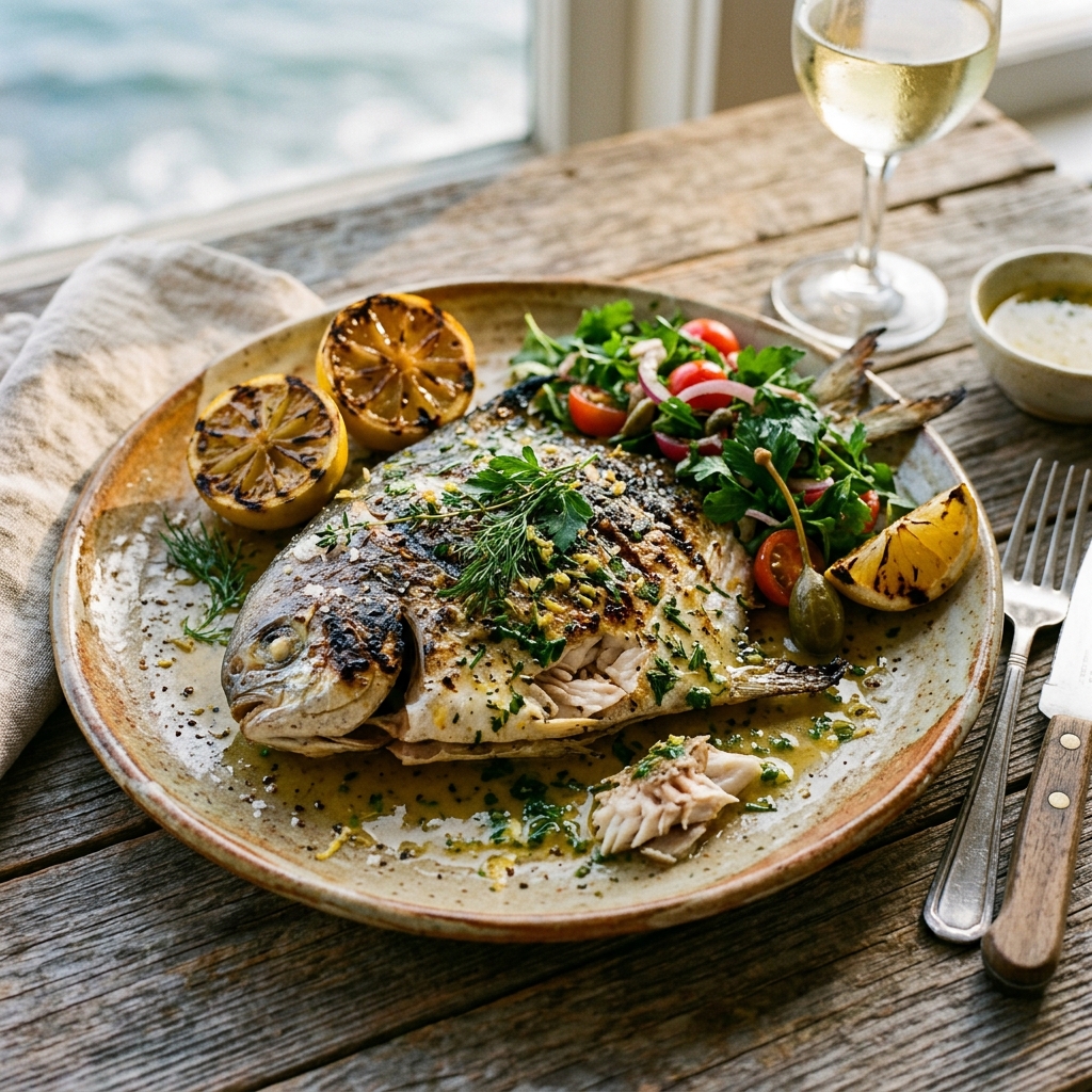 Grilled pomfret with butter lemon sauce — signature dish at Novu Alibaug