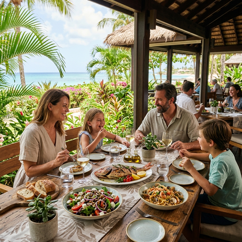 Family dining at Novu open-air restaurant Alibaug